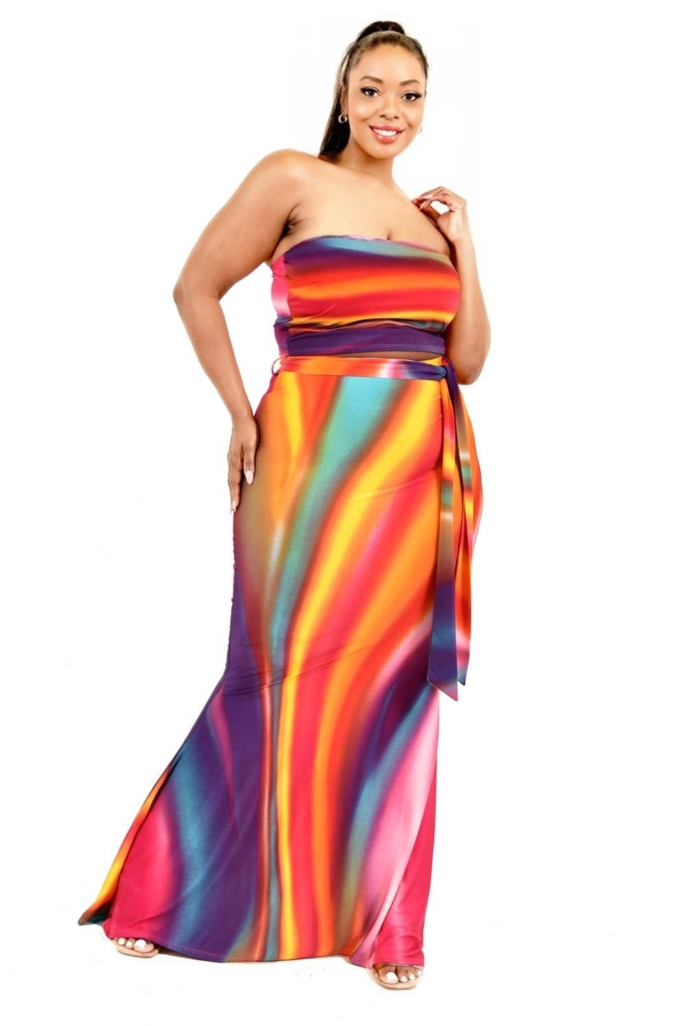 Plus Gradient Brush Print 2 Piece Maxi Skirt Set