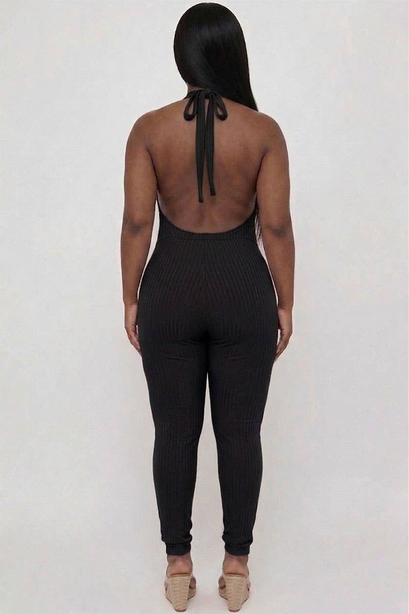 Plus Size Halter V Neck Ribbed Bodycon Jumpsuit