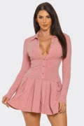 Front Button Down Inside Shorts Pleated Mini Dress