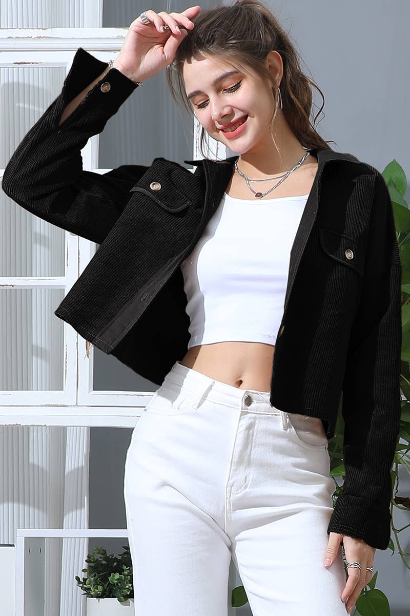 CWOJA703_LONG SLEEVE BUTTONED FRONT POCKETS CASUAL SHACKET
