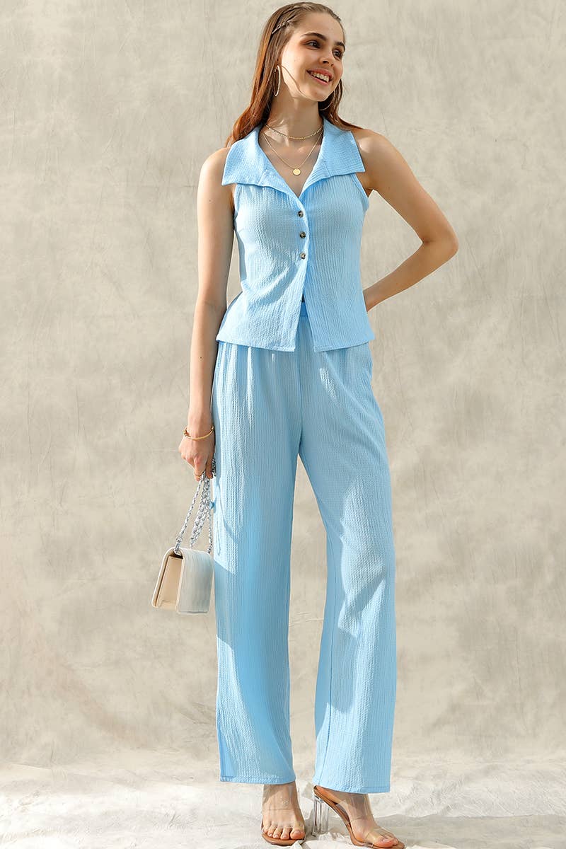 CWSTB280_TINY EMBOSSING VEST TOP AND SLIT PANT SET