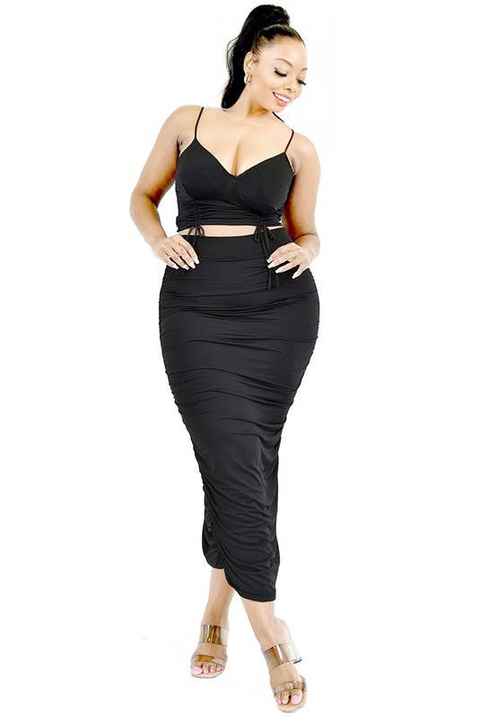 Plus Solid Bustier with Tie Maxi Skirt Set