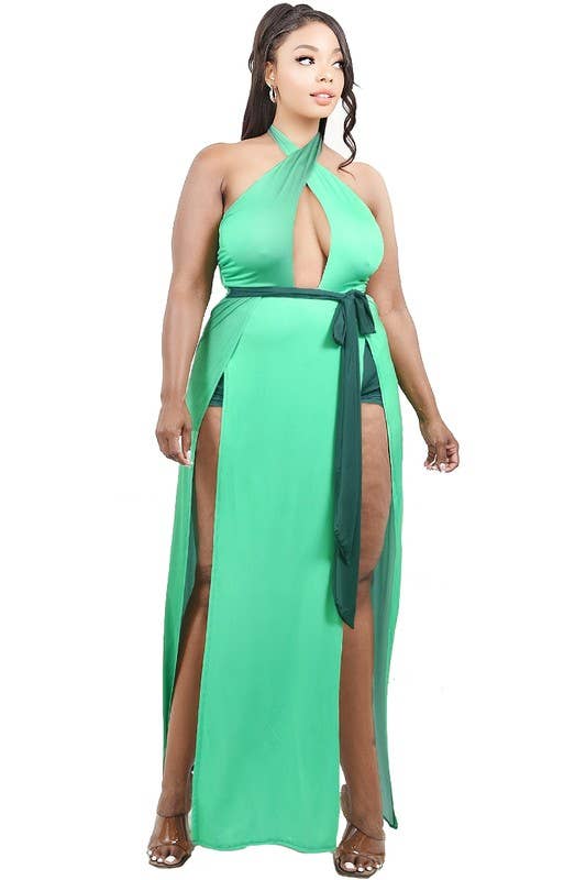 Plus Solid Cutout Halter Neck Waist Tie Maxi Dress