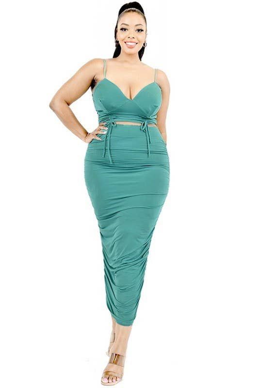 Plus Solid Bustier with Tie Maxi Skirt Set