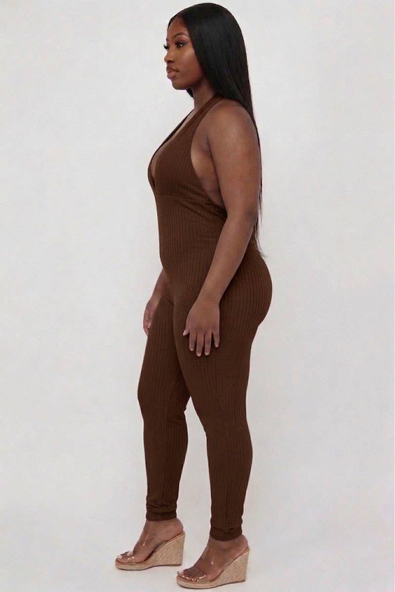 Plus Size Halter V Neck Ribbed Bodycon Jumpsuit