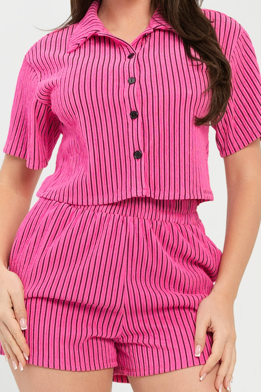 Texture Stripe Button Down Top And Shorts Set