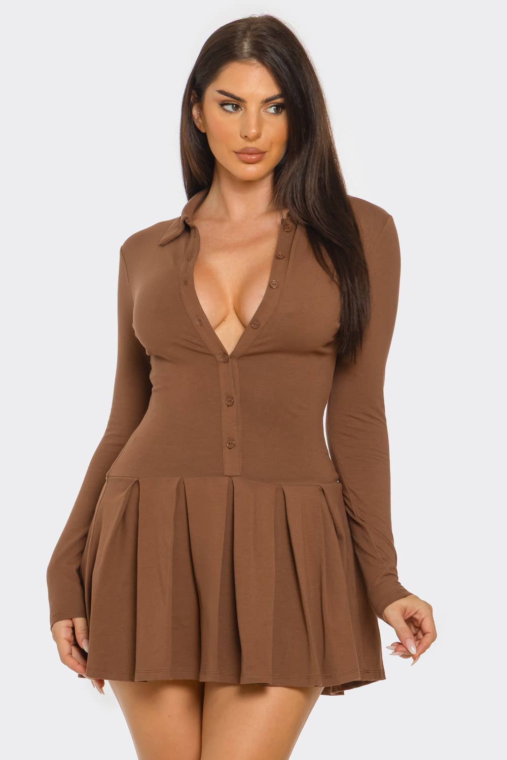 Front Button Down Inside Shorts Pleated Mini Dress