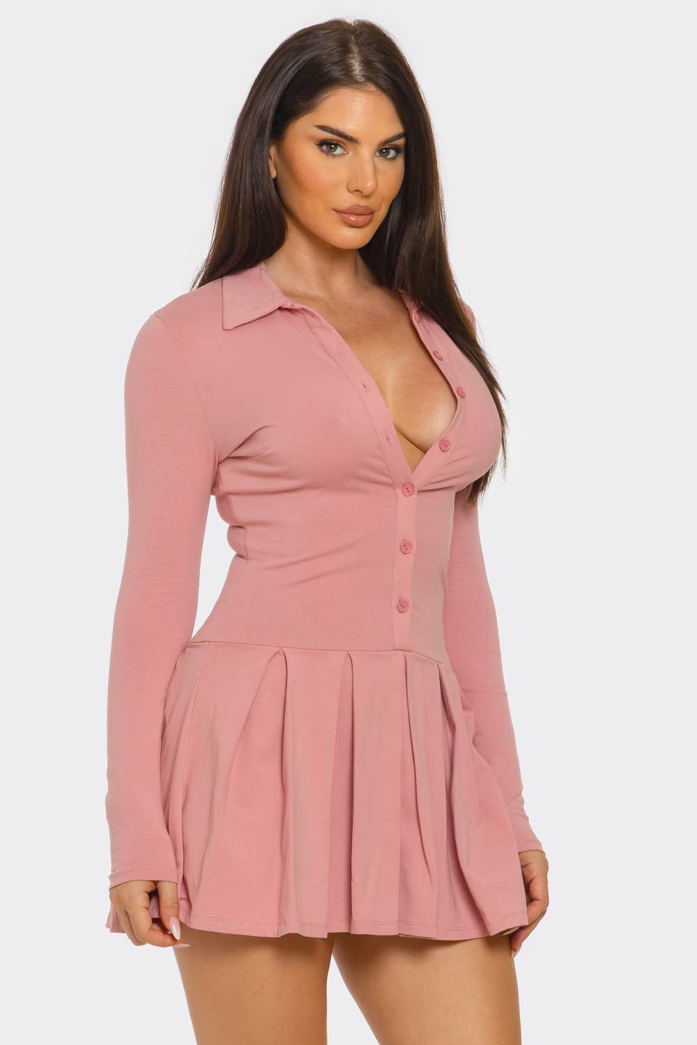 Front Button Down Inside Shorts Pleated Mini Dress