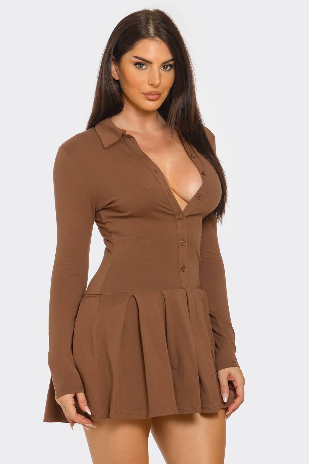 Front Button Down Inside Shorts Pleated Mini Dress