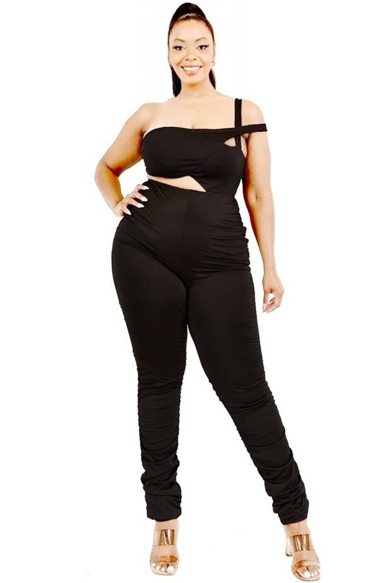 Plus Solid One Shoulder Strap Cutout Jumpsuit