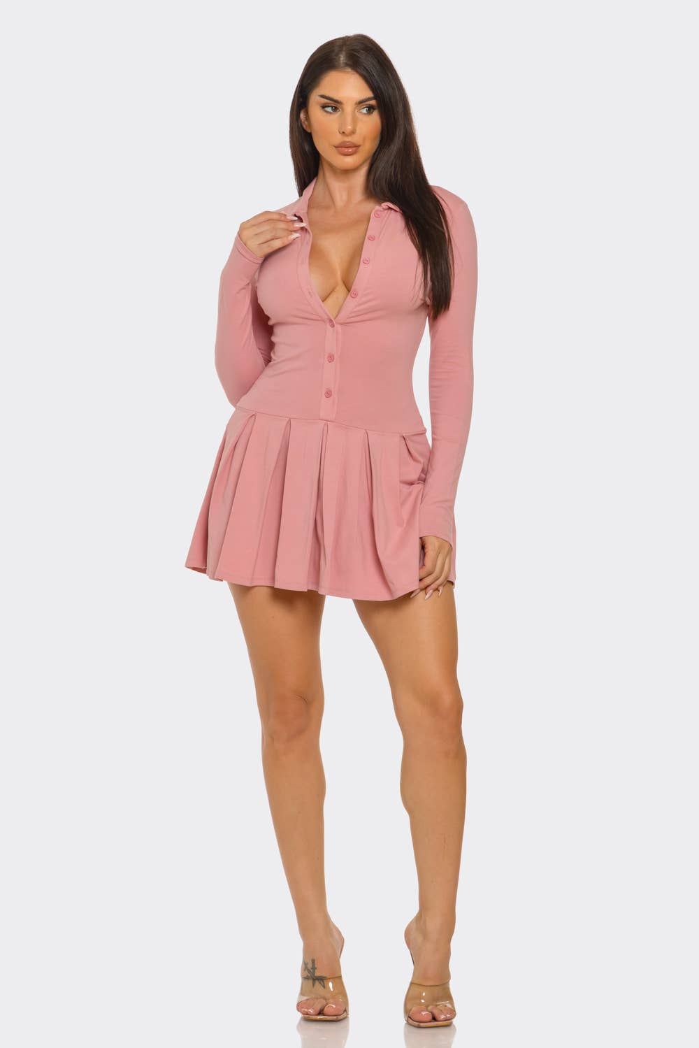 Front Button Down Inside Shorts Pleated Mini Dress