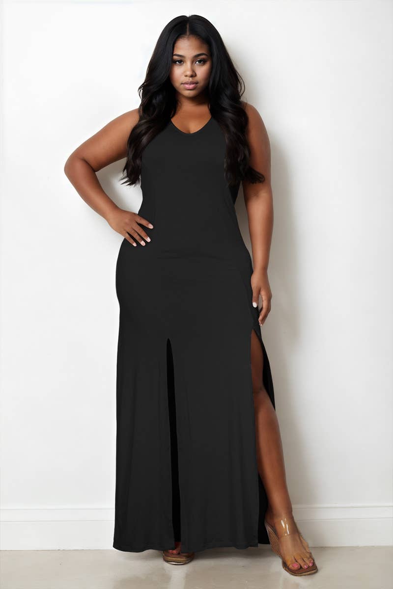Plus Size Plunge Neck Thigh Split Maxi Dress