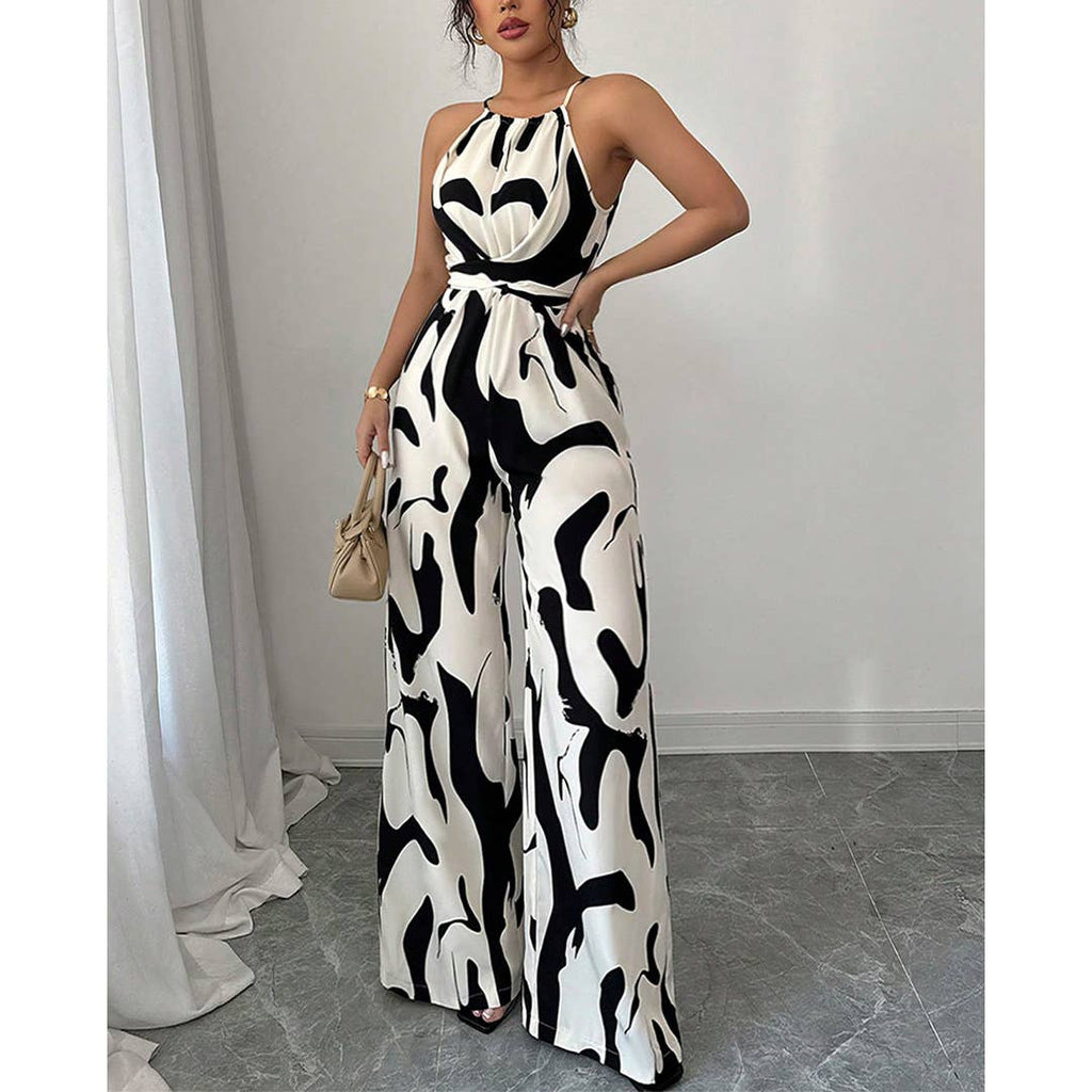 Zebra Print Cami Tie-Back Wide-Leg Jumpsuit ZK2823