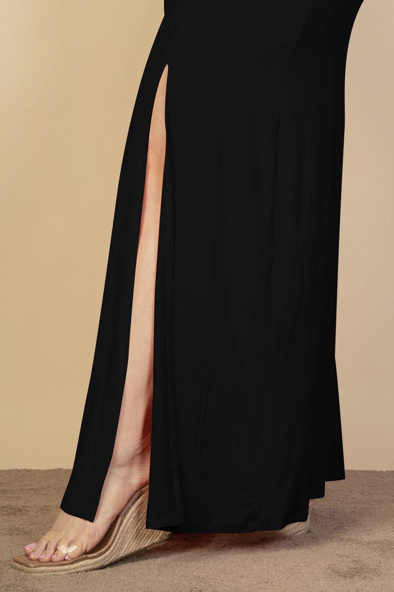 Plus Size Plunge Neck Thigh Split Maxi Dress