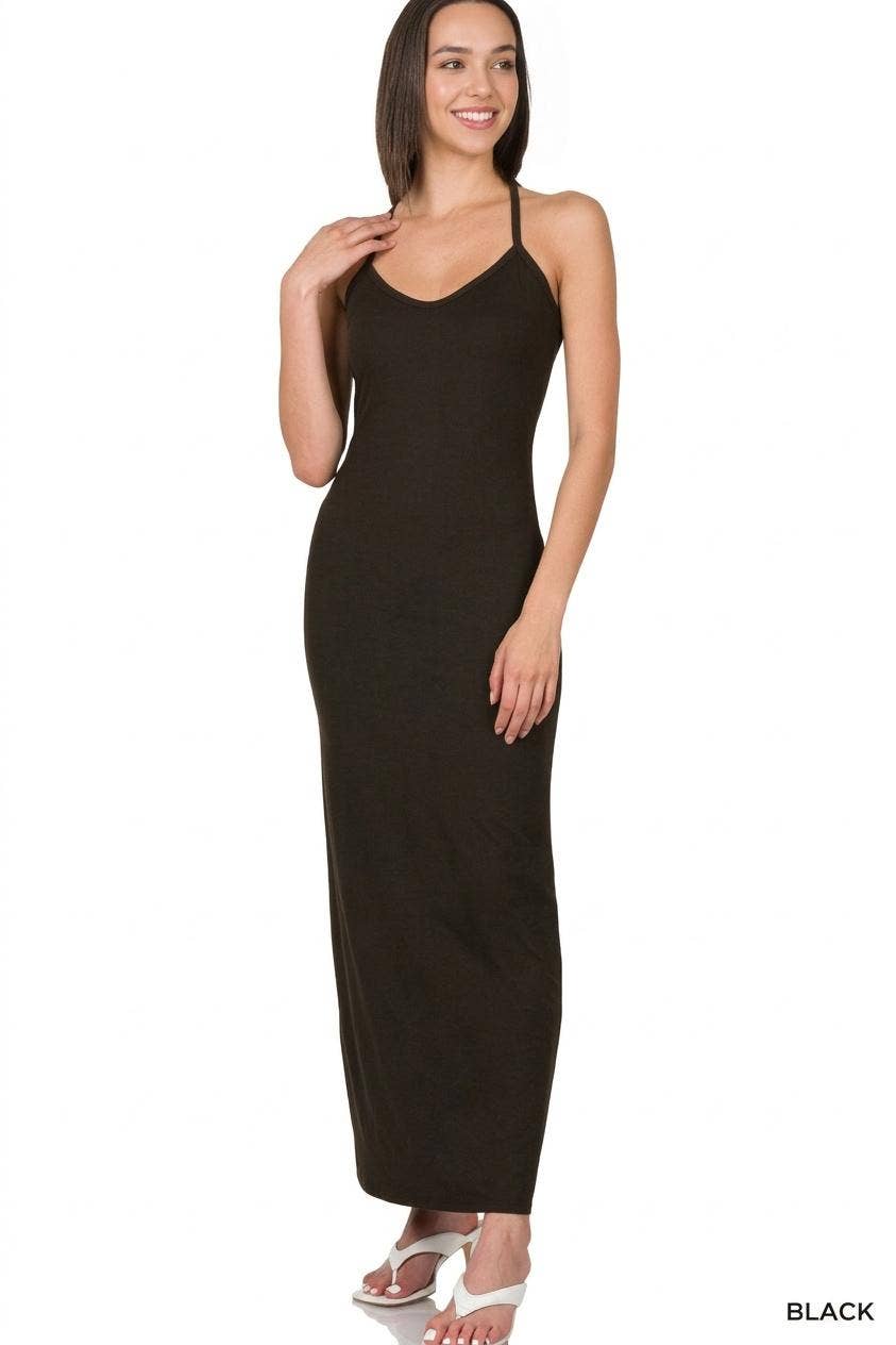 Racerback V Neck Bodycon Maxi Dress - Zenana
