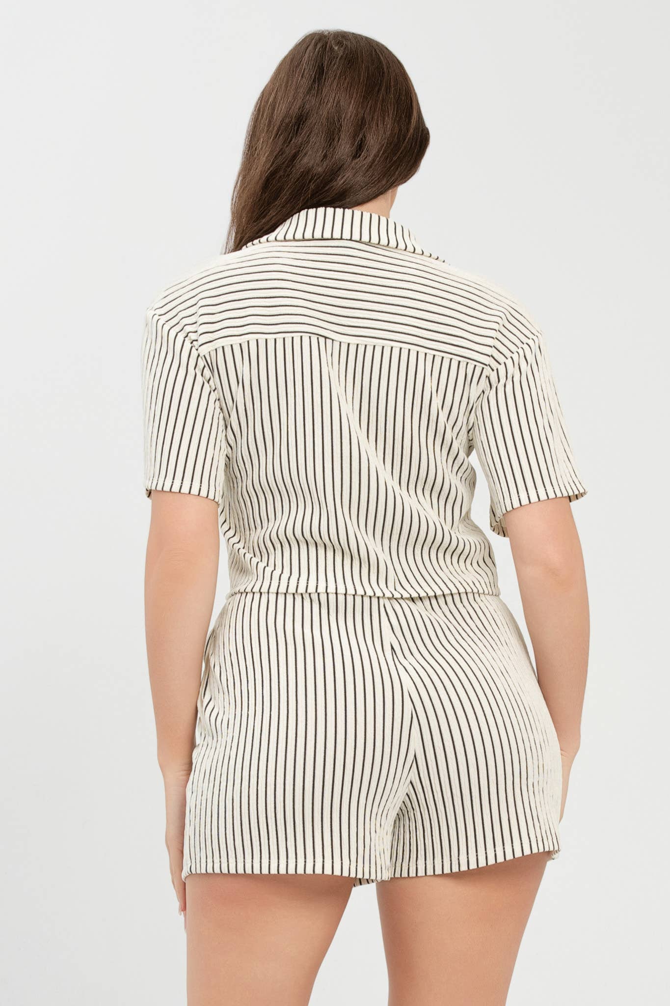 Texture Stripe Button Down Top And Shorts Set