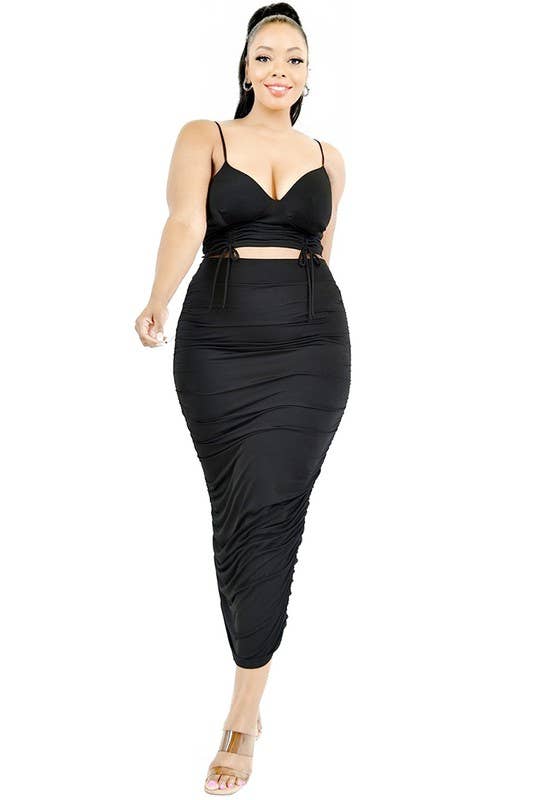 Plus Solid Bustier with Tie Maxi Skirt Set