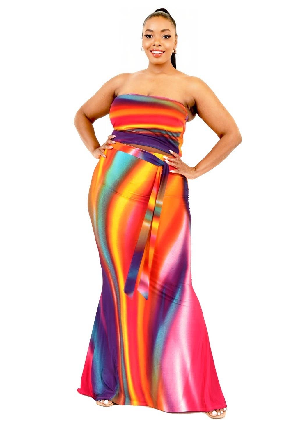 Plus Gradient Brush Print 2 Piece Maxi Skirt Set