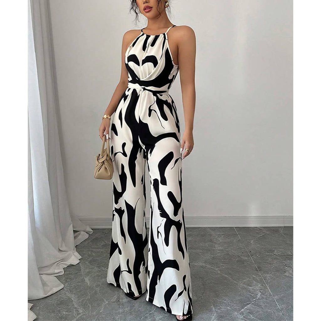 Zebra Print Cami Tie-Back Wide-Leg Jumpsuit ZK2823
