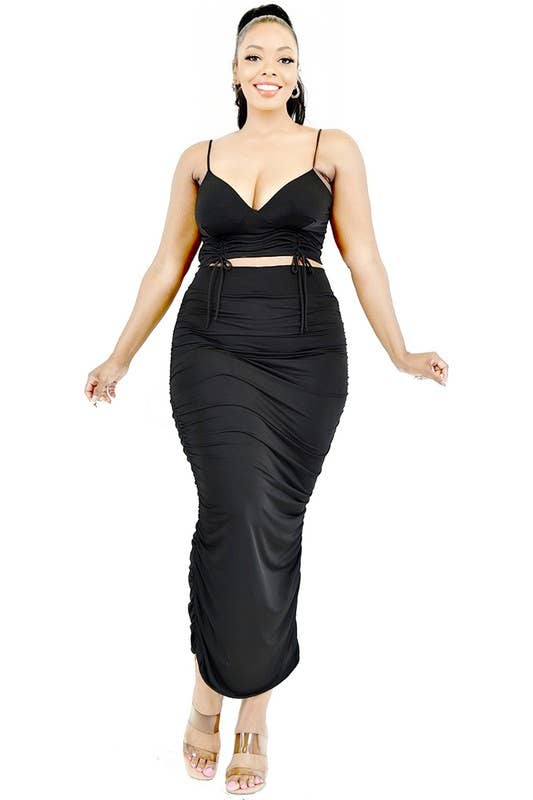 Plus Solid Bustier with Tie Maxi Skirt Set