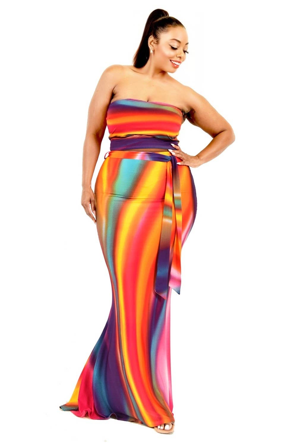Plus Gradient Brush Print 2 Piece Maxi Skirt Set