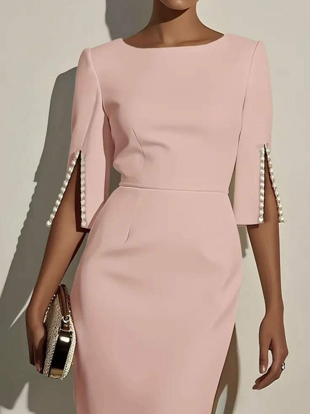 Slim-Fit Elegant Midi Dress with Beaded Slit Sleeve