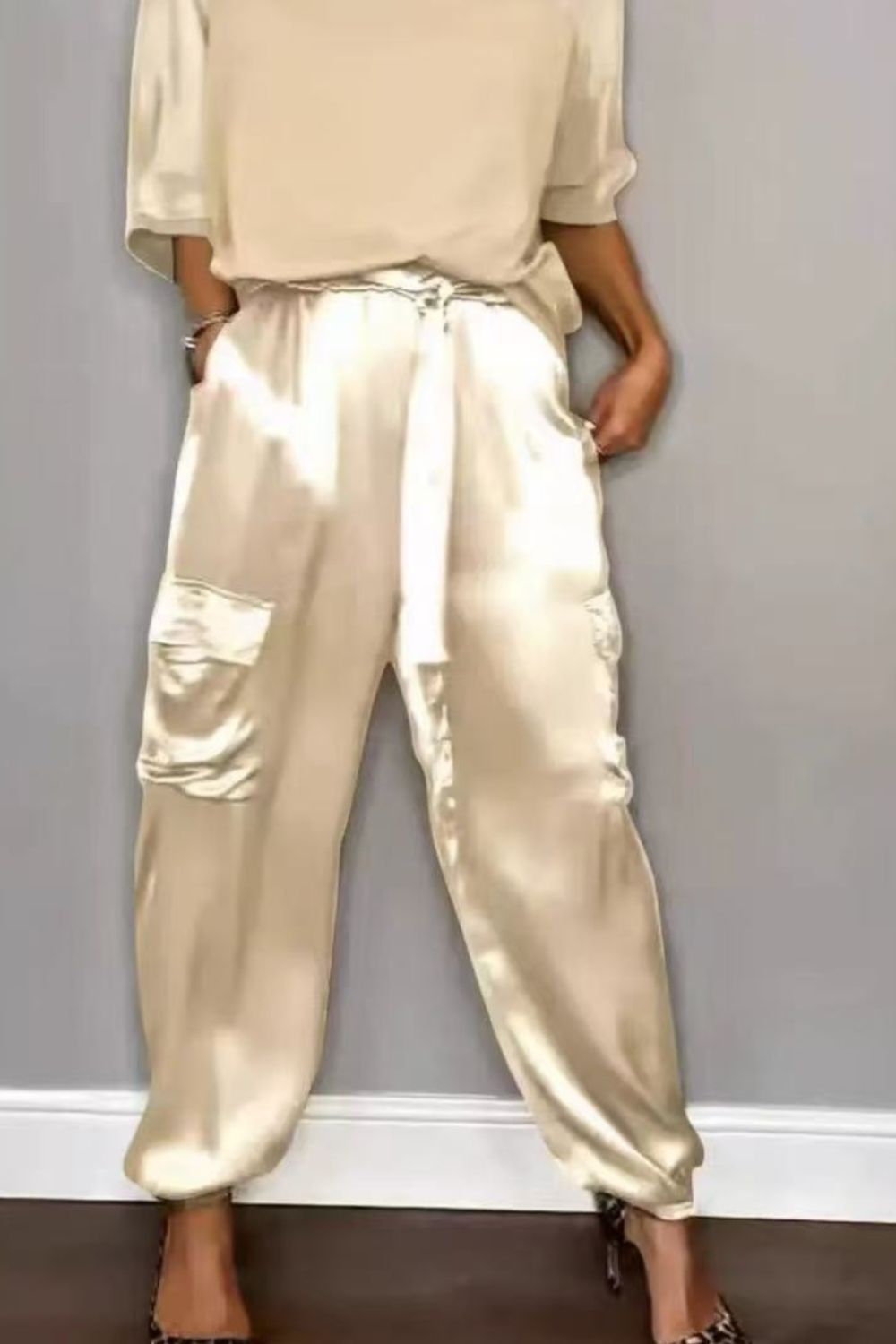 Satin Round Neck Top and Pants Set