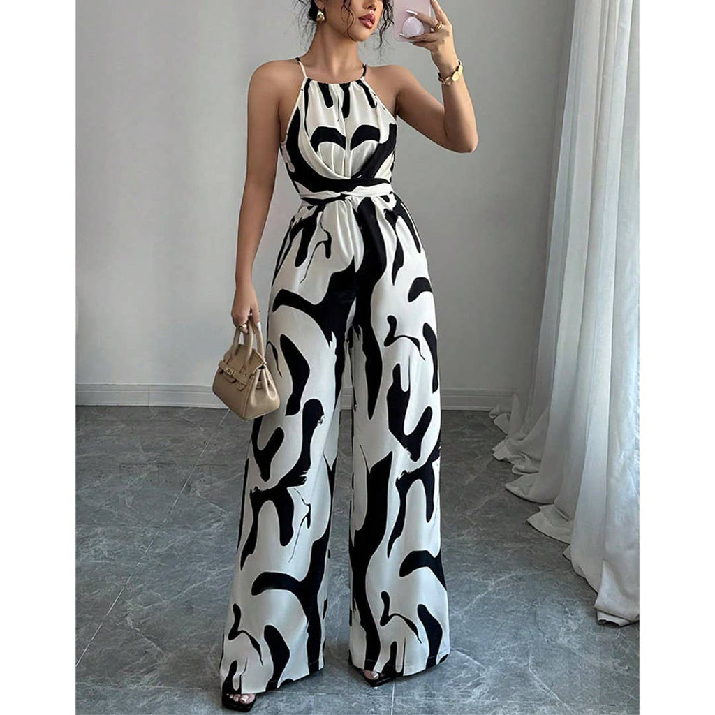 Zebra Print Cami Tie-Back Wide-Leg Jumpsuit ZK2823