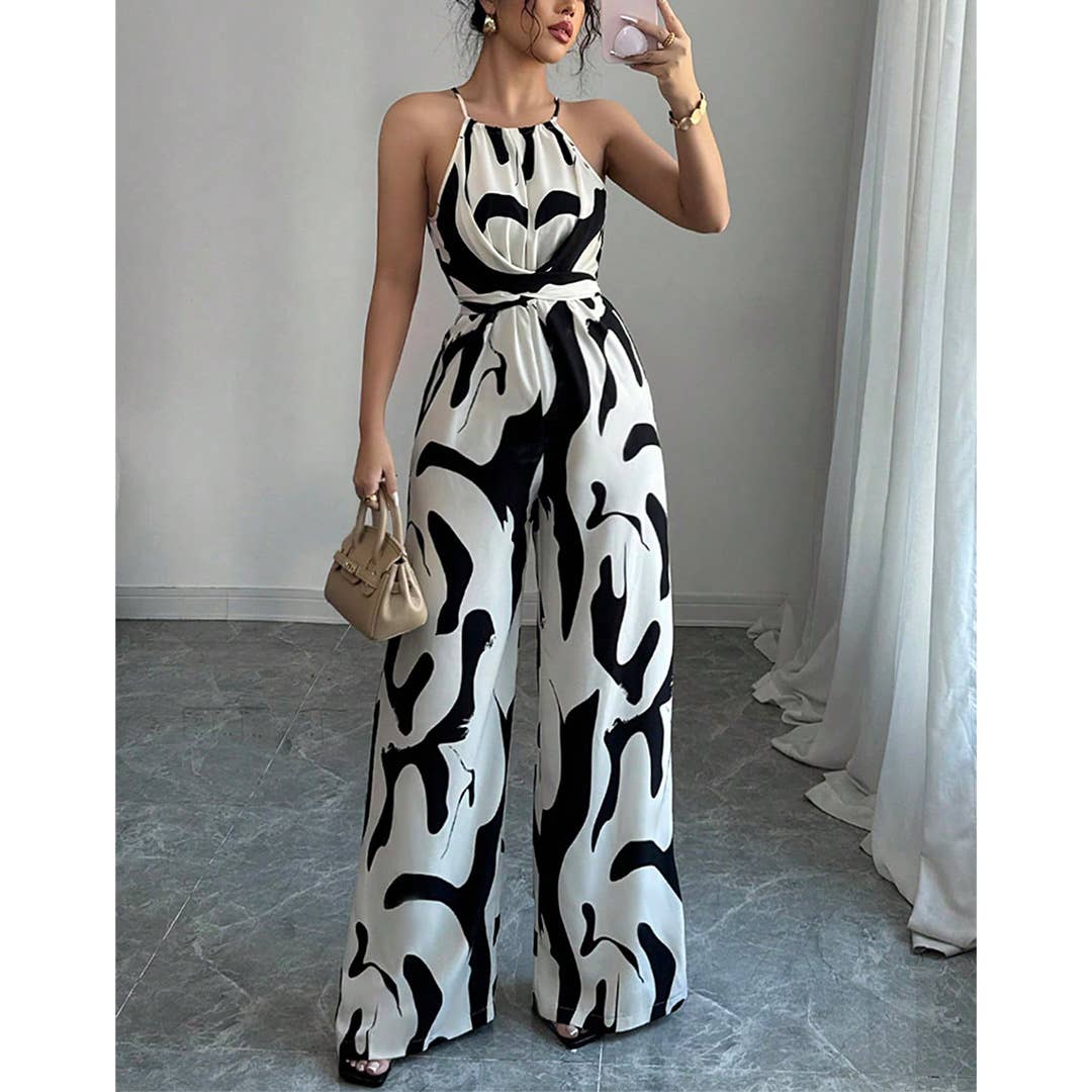 Zebra Print Cami Tie-Back Wide-Leg Jumpsuit ZK2823