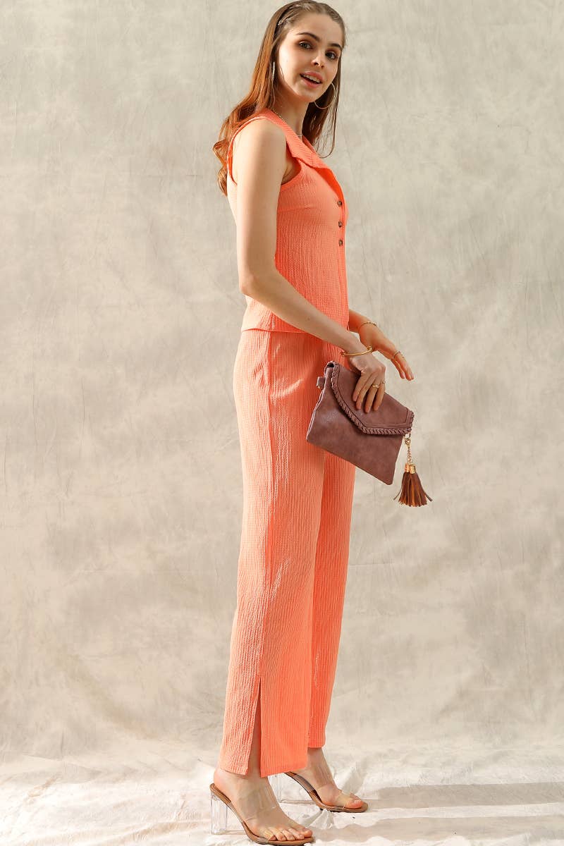 CWSTB280_TINY EMBOSSING VEST TOP AND SLIT PANT SET