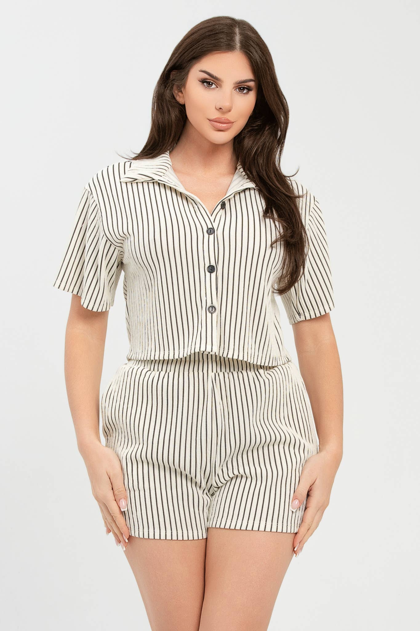 Texture Stripe Button Down Top And Shorts Set