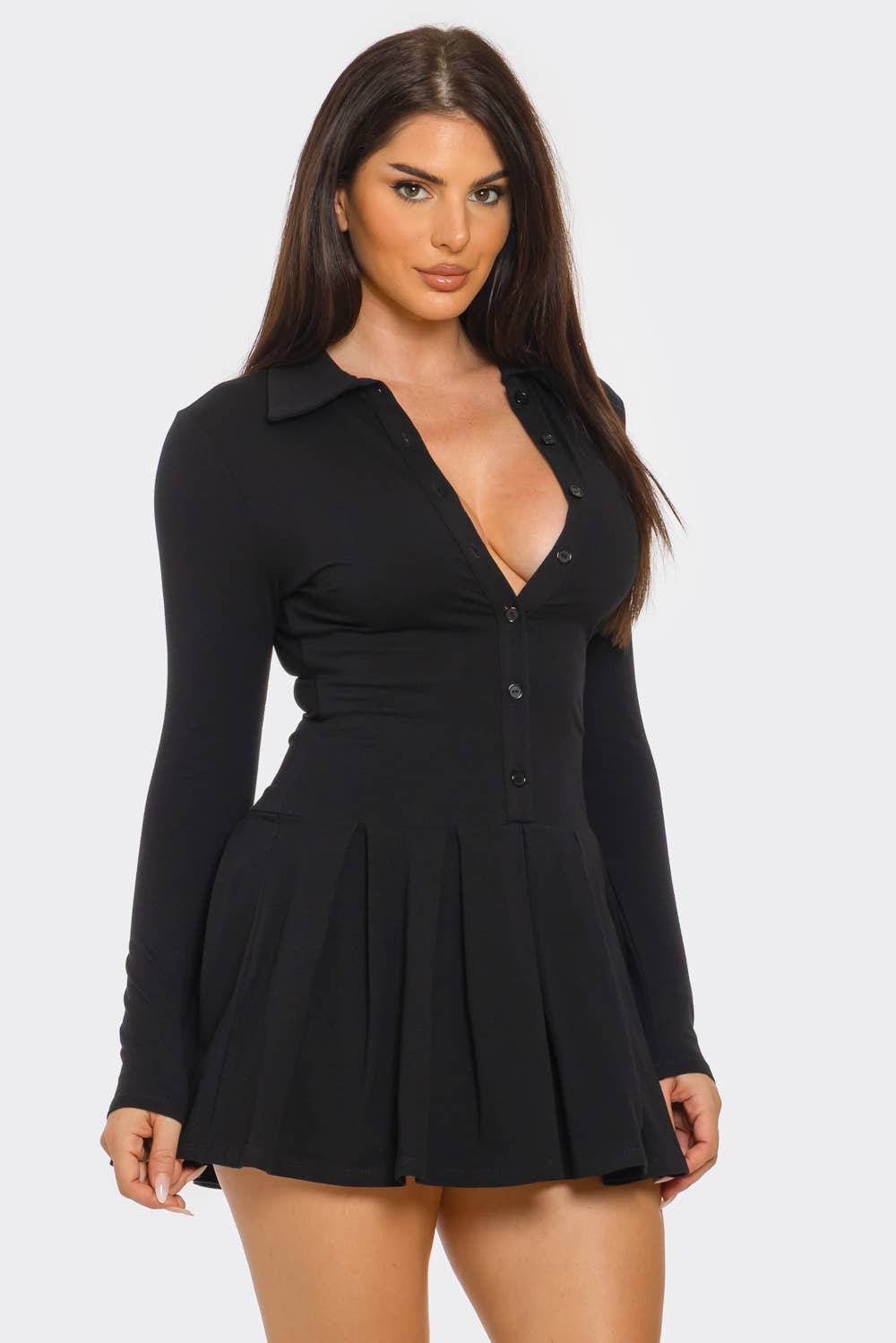Front Button Down Inside Shorts Pleated Mini Dress