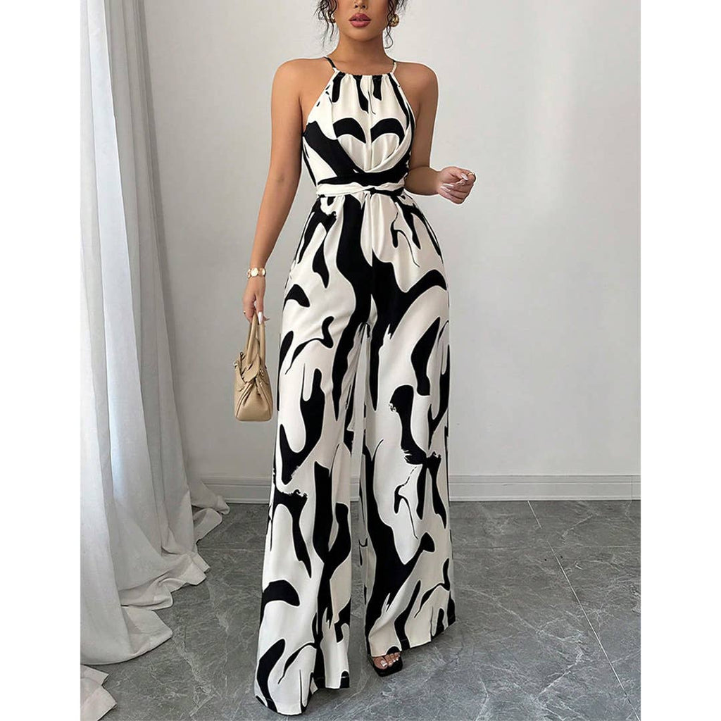 Zebra Print Cami Tie-Back Wide-Leg Jumpsuit ZK2823