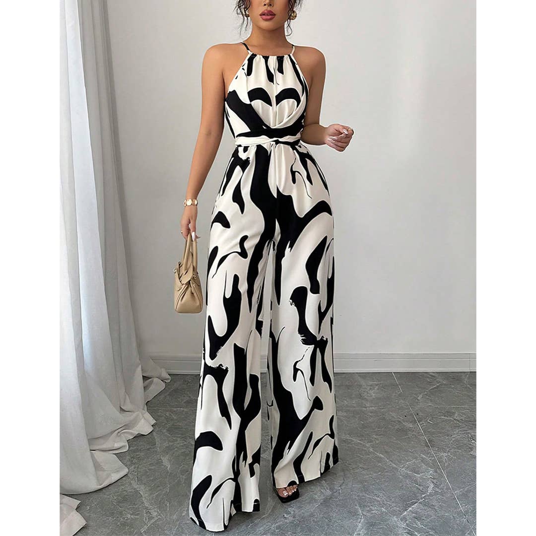 Zebra Print Cami Tie-Back Wide-Leg Jumpsuit ZK2823