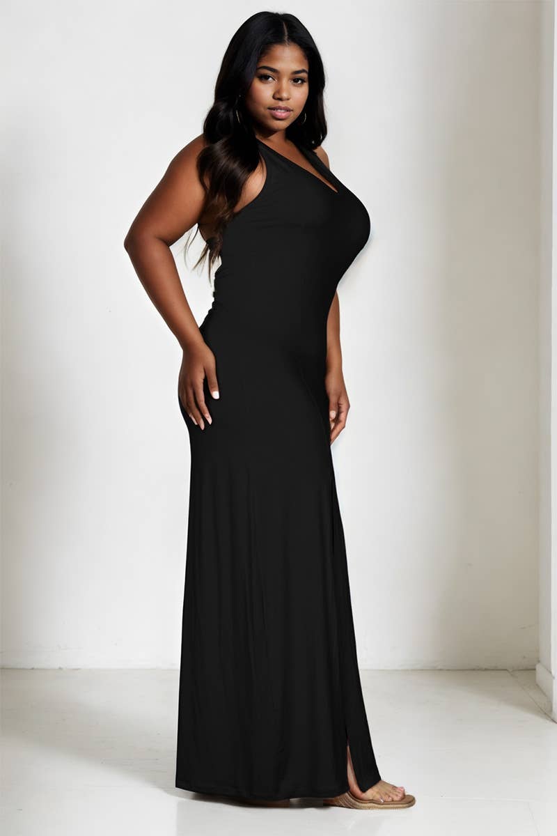 Plus Size Plunge Neck Thigh Split Maxi Dress