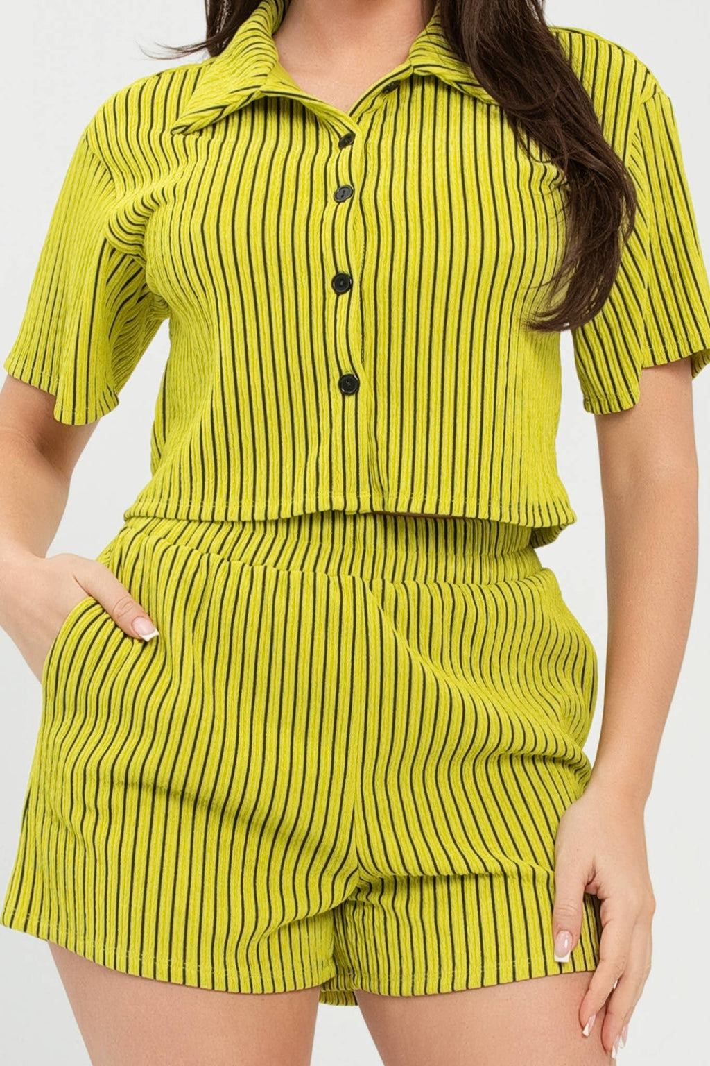 Texture Stripe Button Down Top And Shorts Set