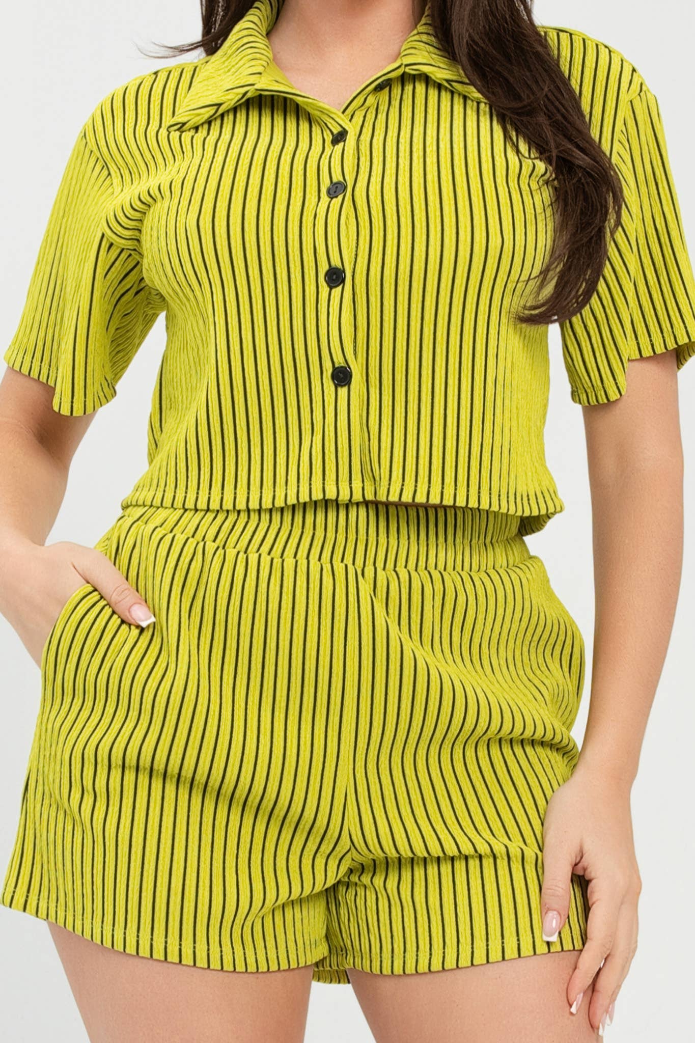 Texture Stripe Button Down Top And Shorts Set