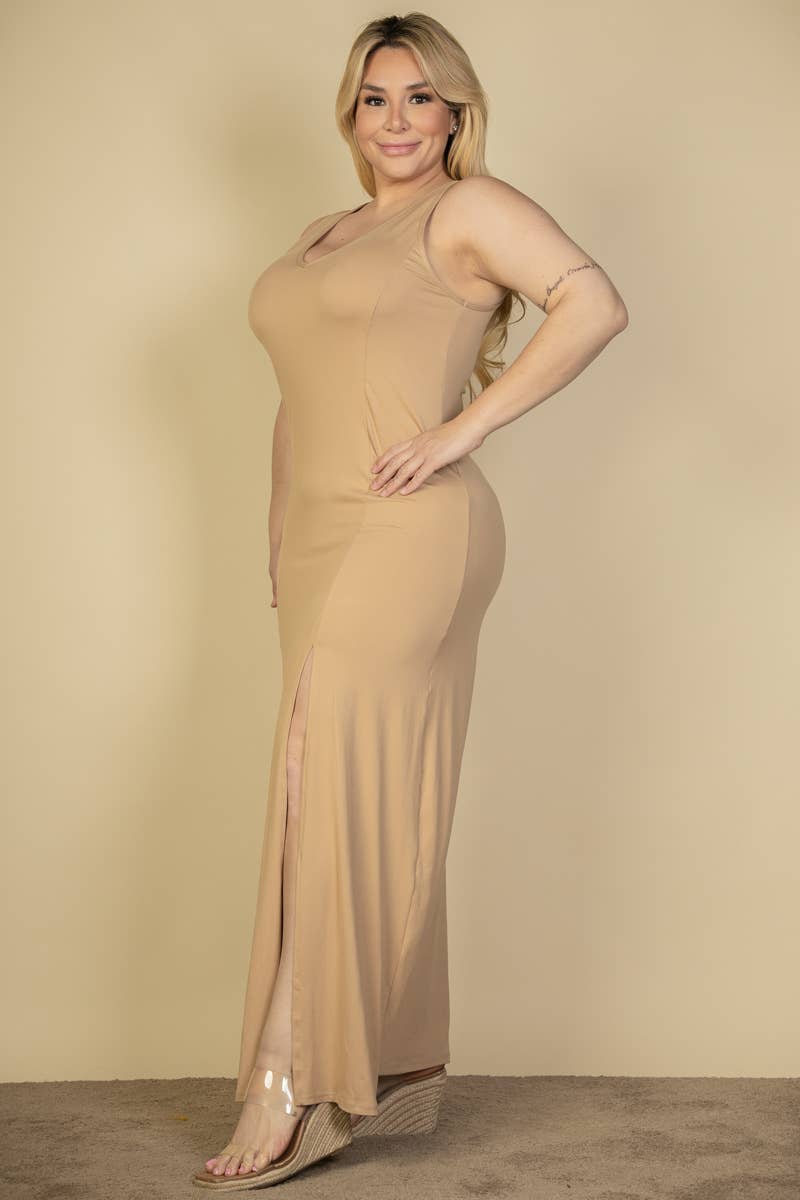 Plus Size Plunge Neck Thigh Split Maxi Dress