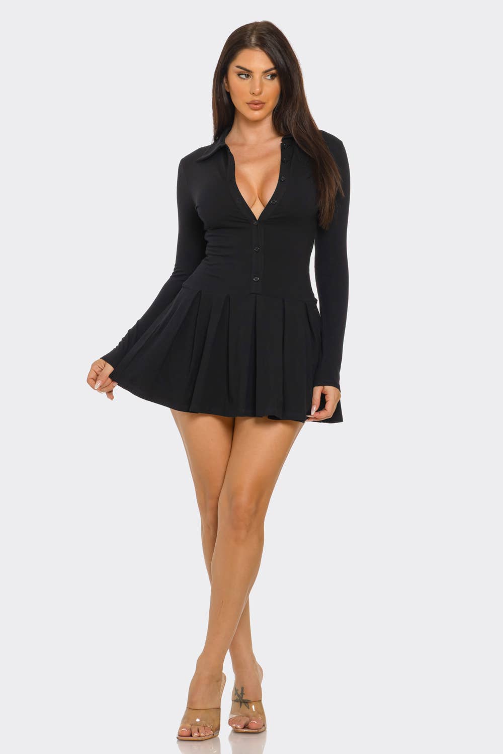 Front Button Down Inside Shorts Pleated Mini Dress