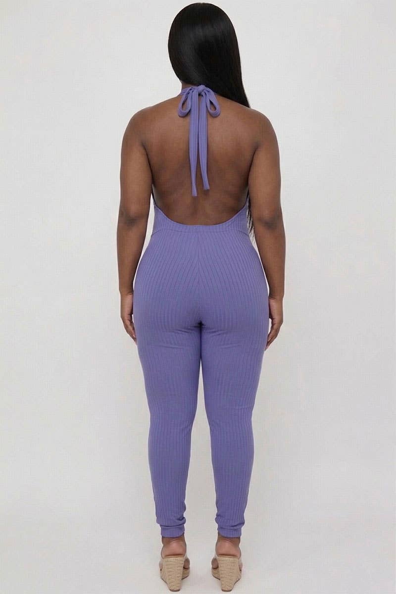 Plus Size Halter V Neck Ribbed Bodycon Jumpsuit