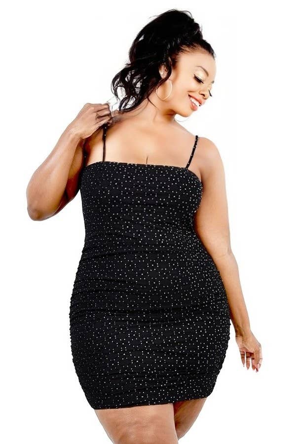 Plus Flocked Glitter Mesh Cami Strap Mini Dress