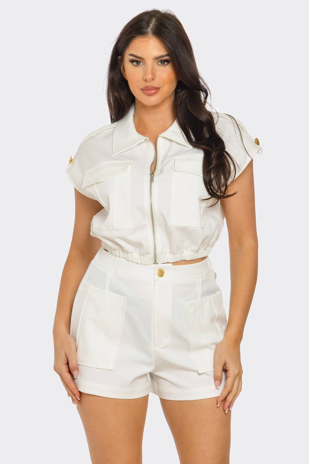 Front Zip Up Side Pockets Top And Shorts Set
