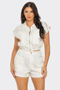 Front Zip Up Side Pockets Top And Shorts Set