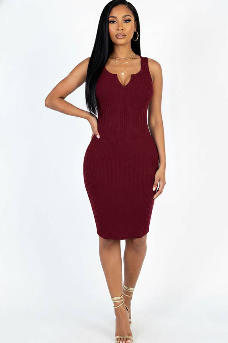 Casual Ribbed Split Neck Bodycon Dress – Subrena Closet's