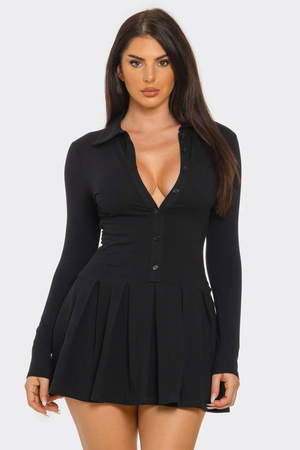 Front Button Down Inside Shorts Pleated Mini Dress