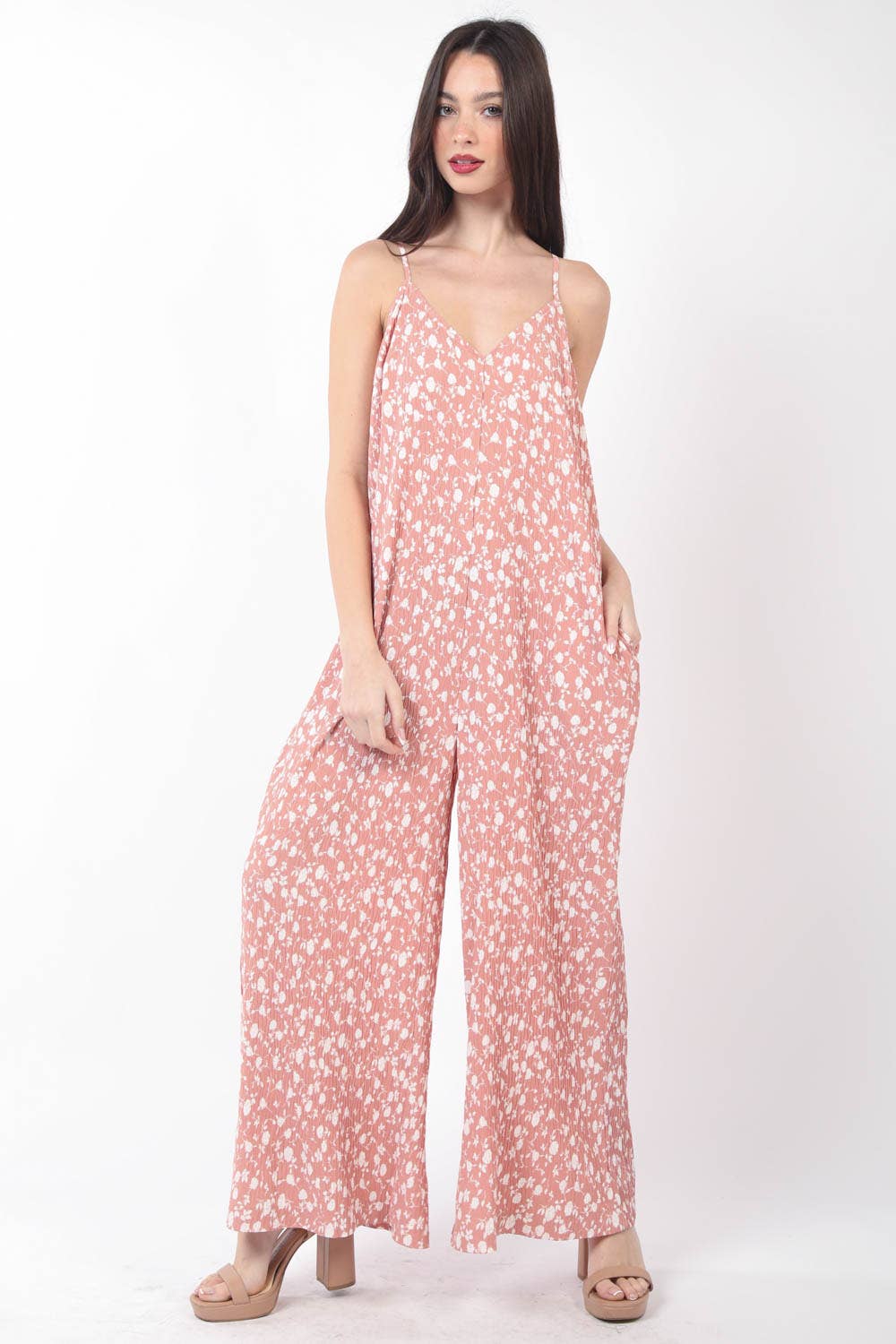 NP70209-Sleeveless Pleated Wide Leg Jumpsuit w/ Pockets