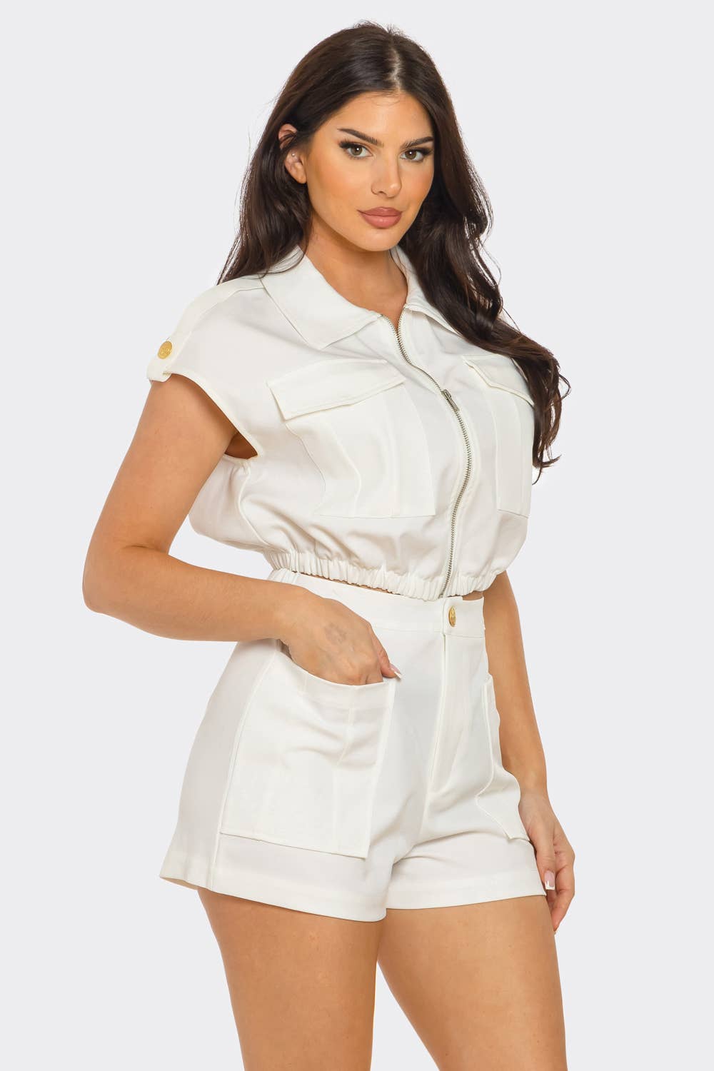 Front Zip Up Side Pockets Top And Shorts Set