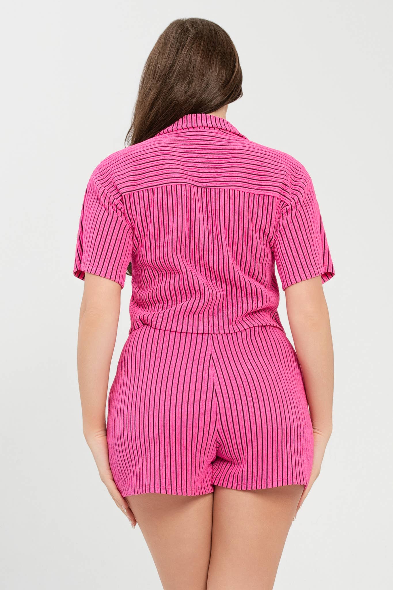 Texture Stripe Button Down Top And Shorts Set