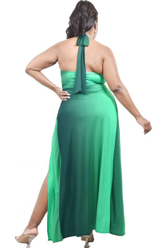 Plus Solid Cutout Halter Neck Waist Tie Maxi Dress