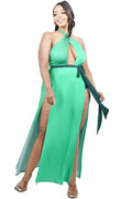 Plus Solid Cutout Halter Neck Waist Tie Maxi Dress